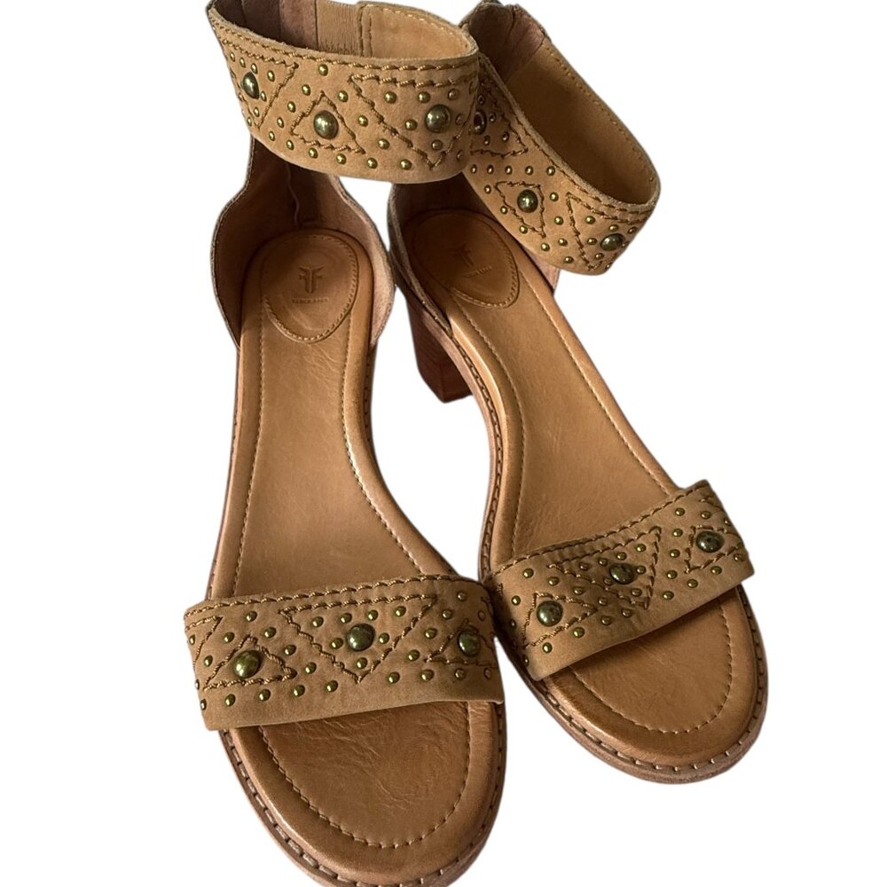 Frye Brielle Studded Deco Wood Ankle Strap Heels Padded Footbed Sz.10
